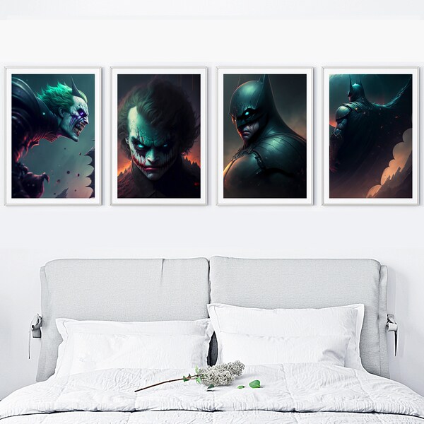 Digital Download Pack - Joker And The Bat - 4-PACK SET - PRINTABLE - Digital Art Print, Wall Art, Digital Home Decor,