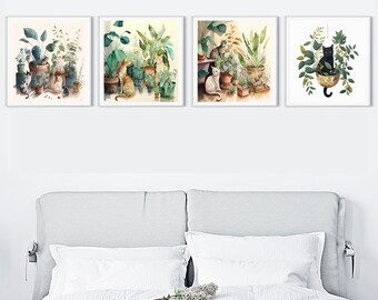 Digital Download Pack - Cats In House Plants - 4-PACK SET-PRINTABLE- Cute Cats Art, Cat Watercolor Art, Botanical Art, Cat Lover Gift