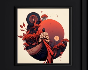 Digital Download Pack - Lady Of The Red Sun, Japanese Art Print, Ukiyo-e Style Japanese Print, Ukiyo-e Print,