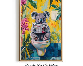 Póster digital imprimible de koala para pared de baño, diseño de koala, divertida decoración para baño, descarga instantánea.