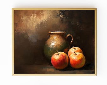 Impresión artística vintage de arte de cocina, bodegón con manzanas, pintura digital de frutas, descargable, decoración de pared de estilo melancólico, paquete de 2 imprimibles