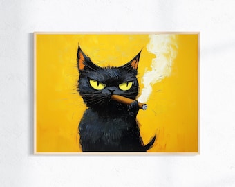 Black Cat Painting Wall Art Digital Download Funny Cat Art Print Instant Download Cat Poster for Cat Lovers Quirky Wall Decor 2 Pack