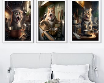 Digital Download Pack - Panicking Cat Cooking Art  3-PACK SET - PRINTABLE - Cute Cat Art, Cat Art Print, Funny Wall Art, Meow Art