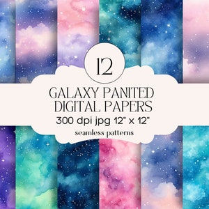 Watercolor Galaxy Digital Papers In Seamless Pattern, 12 Galaxy Design Bundle, Watercolor Pastel, Soft, Background, Instant Galaxy Download