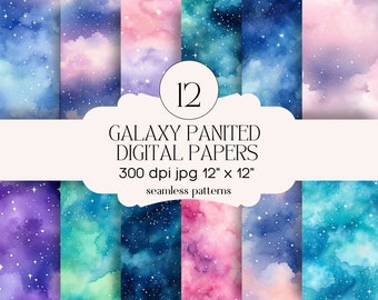 Watercolor Galaxy Digital Papers In Seamless Pattern, 12 Galaxy Design Bundle, Watercolor Pastel, Soft, Background, Instant Galaxy Download