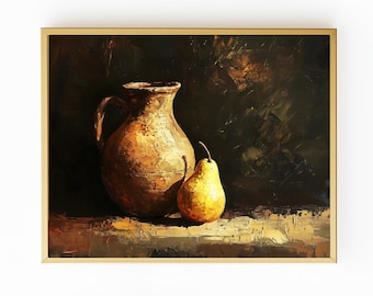 Impresión artística vintage de arte de cocina, bodegón con manzanas, pintura digital de frutas, descargable, decoración de pared de estilo melancólico, paquete de 2 imprimibles
