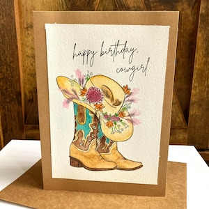 Feliz Aniversário Cowgirl! - Cartão de Aniversário em Aquarela Pintado à Mão