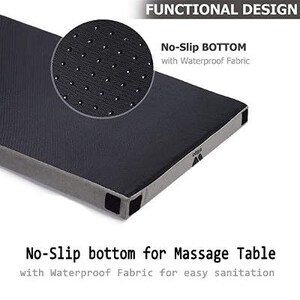 May include: A gray massage table pad with a black non-slip bottom. The pad has a textured surface with small dots. The text "No-Slip BOTTOM with Waterproof Fabric" is printed on the pad.