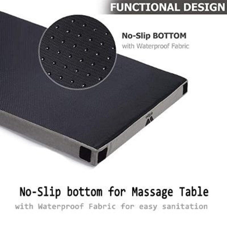 May include: A gray massage table pad with a black non-slip bottom. The pad has a textured surface with small dots. The text "No-Slip BOTTOM with Waterproof Fabric" is printed on the pad.