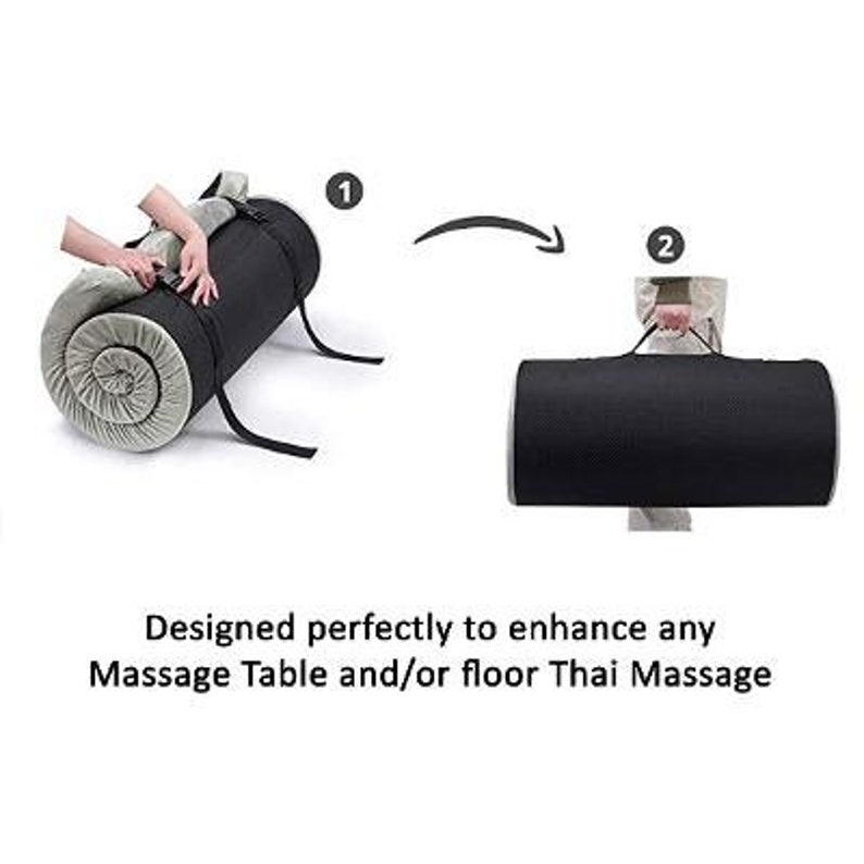 May include: A gray and black massage mat rolled up with straps. The mat is designed to be used on a massage table or floor. The mat can be rolled up and carried with a strap.