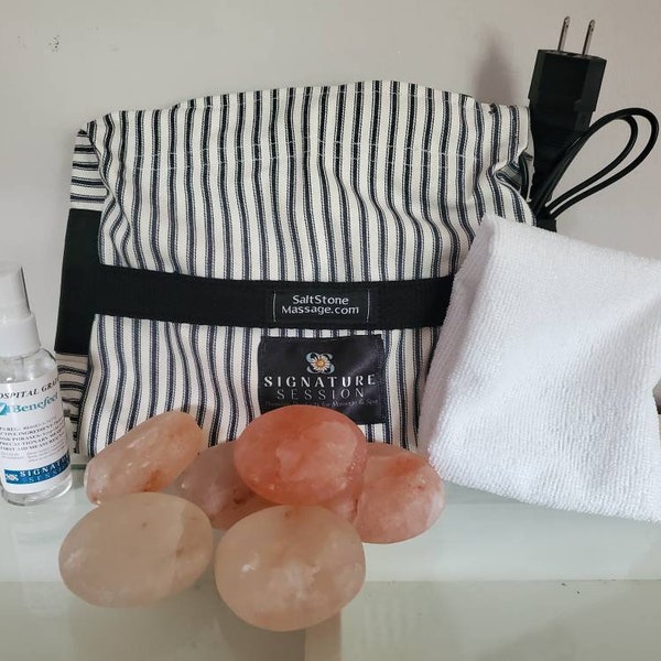 Salt Massage Stones + Heating Travel Bag (dark wide stripes)