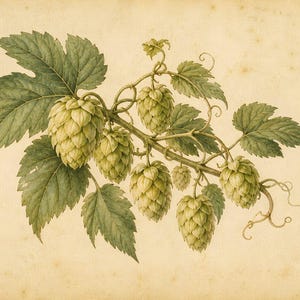 Peut inclure: Une illustration botanique d'une vigne de houblon présentant plusieurs cônes de houblon vert clair et des feuilles dentelées vert foncé. La plante est représentée avec des vrilles sur un fond de papier vieilli texturé blanc cassé.