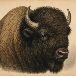 May include: A detailed illustration of a bison head and shoulders in profile, featuring thick, dark brown fur, a prominent hump, and curved gray horns. The artwork is rendered in a realistic style on a light, parchment-colored background.