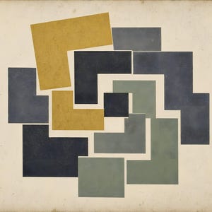 Può includere: Una stampa geometrica caratterizzata da una disposizione di blocchi a forma di L e quadrati nelle tonalità giallo senape, blu ardesia e verde salvia. Le forme sono organizzate in un motivo a spirale incastrato su uno sfondo crema chiaro.