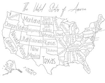 May include: A black and white outline map of the United States of America with each state labeled. The map includes Alaska and Hawaii.