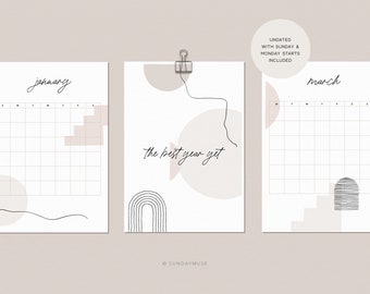 2024 Calendar Printable | Undated Calendar | Neutral | Abstract Lines Shapes | Modern Minimal | White | A4 A3 Vertical Monthly Planner