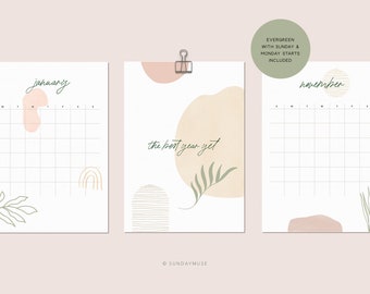 2024 Calendar Printable | Undated Calendar | Boho | Evergreen Calendar | A4 A3 Monthly Planner | Botanical | Modern Minimal Pastel