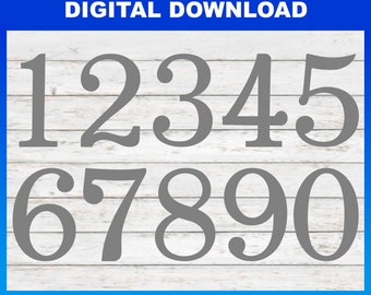 Puede incluir: Un conjunto de diez números grises, del 1 al 10, en una fuente estilizada, sobre un fondo de madera blanca. Los números están disponibles para descarga digital en los formatos .DXF, .SVG y .PNG.