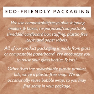 May include: A brown paper bag with the text "ECO-FRIENDLY PACKAGING" printed on it. The text below explains the company's commitment to using compostable and recyclable materials for packaging.