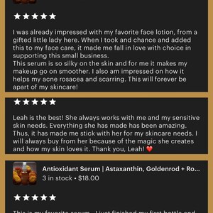 May include: Two product listings for antioxidant serums. The first listing is for a serum called "Golden Hour Antioxidant Serum" and is priced at $32.00. The second listing is for a serum called "Antioxidant Serum | Astaxanthin, Goldenrod + Ro..." and is priced at $18.00. Both listings feature five-star reviews.