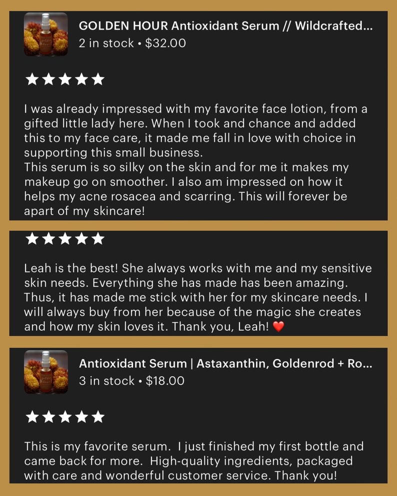 May include: Two product listings for antioxidant serums. The first listing is for a serum called "Golden Hour Antioxidant Serum" and is priced at $32.00. The second listing is for a serum called "Antioxidant Serum | Astaxanthin, Goldenrod + Ro..." and is priced at $18.00. Both listings feature five-star reviews.