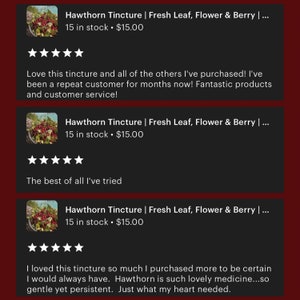 K&ouml;nnte beinhalten: Drei Kundenbewertungen f&uuml;r Hawthorn Tincture, ein Produkt, das zum Kauf angeboten wird. Das Produkt wird als Fresh Leaf, Flower & Berry beschrieben. Die Bewertungen sind alle positiv und erw&auml;hnen die Wirksamkeit und den angenehmen Geschmack des Produkts. Das Produkt kostet 15,00 &euro; und ist auf Lager.