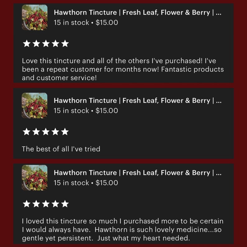 K&ouml;nnte beinhalten: Drei Kundenbewertungen f&uuml;r Hawthorn Tincture, ein Produkt, das zum Kauf angeboten wird. Das Produkt wird als Fresh Leaf, Flower & Berry beschrieben. Die Bewertungen sind alle positiv und erw&auml;hnen die Wirksamkeit und den angenehmen Geschmack des Produkts. Das Produkt kostet 15,00 &euro; und ist auf Lager.