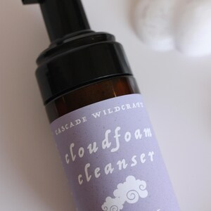 May include: A brown glass bottle of Cascade Wildcraft cloudfoam cleanser with a black pump. The label is light purple with white text and a cloud graphic. The product is a soap-free foaming face wash.