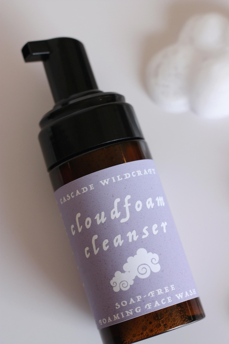May include: A brown glass bottle of Cascade Wildcraft cloudfoam cleanser with a black pump. The label is light purple with white text and a cloud graphic. The product is a soap-free foaming face wash.