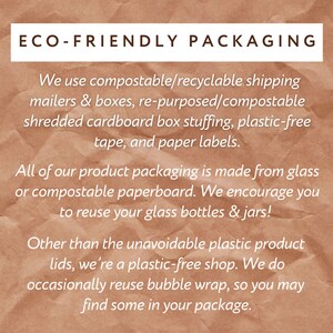 May include: A brown paper bag with the text "ECO-FRIENDLY PACKAGING" printed on it. The text below explains the company's commitment to using compostable and recyclable materials for packaging.