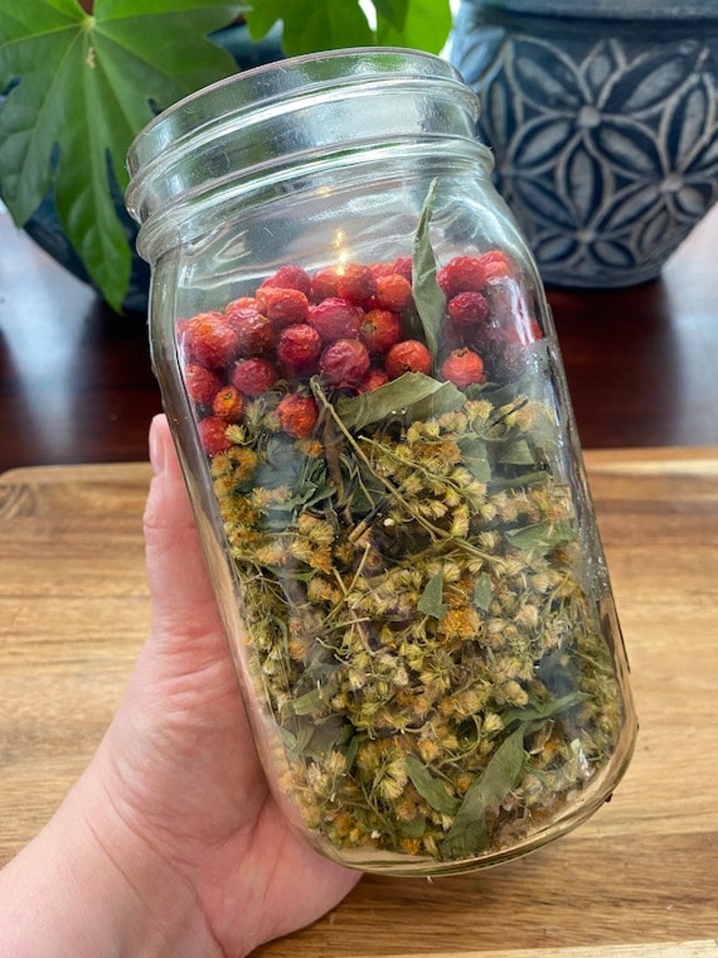 May include: A glass jar filled with dried herbs and red berries. The jar is clear and shows the contents inside. The jar is being held by a hand.