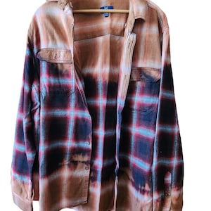 Bleached XL Red Black Grey Amber Acid Washed Flannel, Bleached Splatter Flannel Shirt, Distressed Flannel Shirt, Grunge Flannel Shirt, OOAK