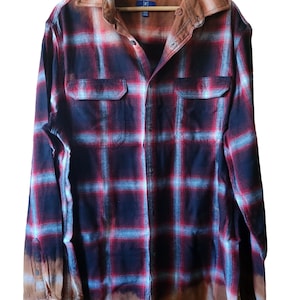 Bleached XL Red Black Grey Amber Acid Washed Flannel, Bleached Splatter Flannel Shirt, Distressed Flannel Shirt, Grunge Flannel Shirt, OOAK