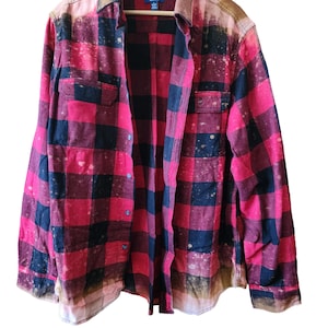 Bleached LARGE Red and Pink Acid Washed Flannel, Bleached Splatter Flannel Shirt, Distressed Flannel Shirt, Grunge Flannel Shirt, OOAK