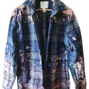 Bleached MENS SMAL Dark Blue Acid Washed Flannel, Bleached Splatter Flannel Shirt, Distressed Flannel Shirt, Grunge Flannel Shirt, OOAK