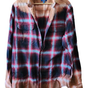 Bleached L Red Black Grey Amber Acid Washed Flannel, Bleached Splatter Flannel Shirt, Distressed Flannel Shirt, Grunge Flannel Shirt, OOAK