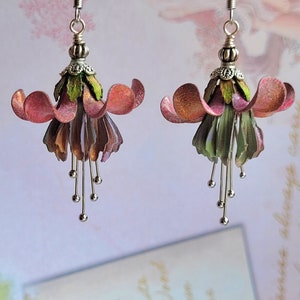 Fuchsia Flower Earrings, Vintage Style, Jewelry Gift For Her, Dangles, Hand Painted, Floral Metal Jewelry Lucite Flower, Mothers Day Gift