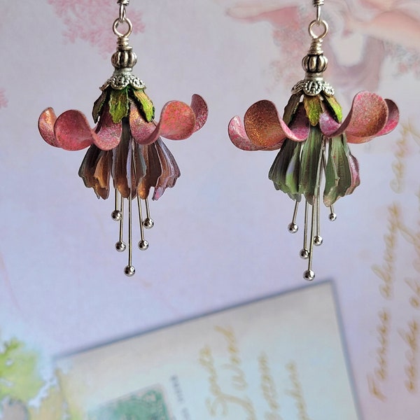 Fuchsia Flower Earrings, Vintage Style, Jewelry Gift For Her, Dangles, Hand Painted, Floral Metal Jewelry Lucite Flower, Mothers Day Gift