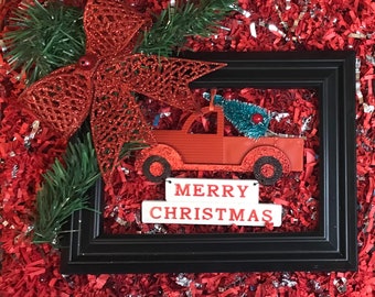 Red pickup truck Christmas signs