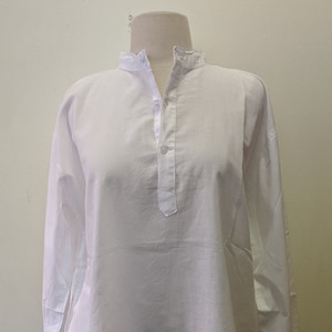 White Cotton Classic Shirt, Tunic, Kurta, Blouse, Band collar for woman or man, Unisex with inner side pocket