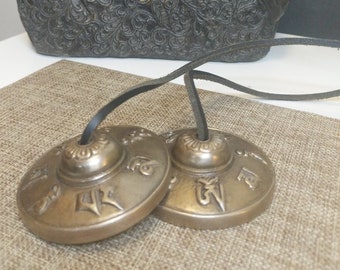 Tingsha Bells - Cymbals in Antique Authentic Tibetan design with the Mantra or 8 auspicious signs.