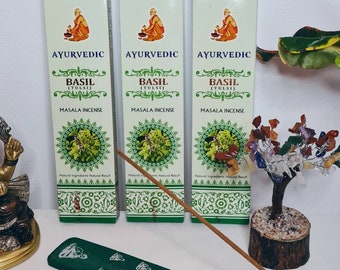 Basil (Tulsi) Incense Sticks. 3 Pack with Incense Stick Holder for Self Care, Stress, Meditation & Aromatherapy.