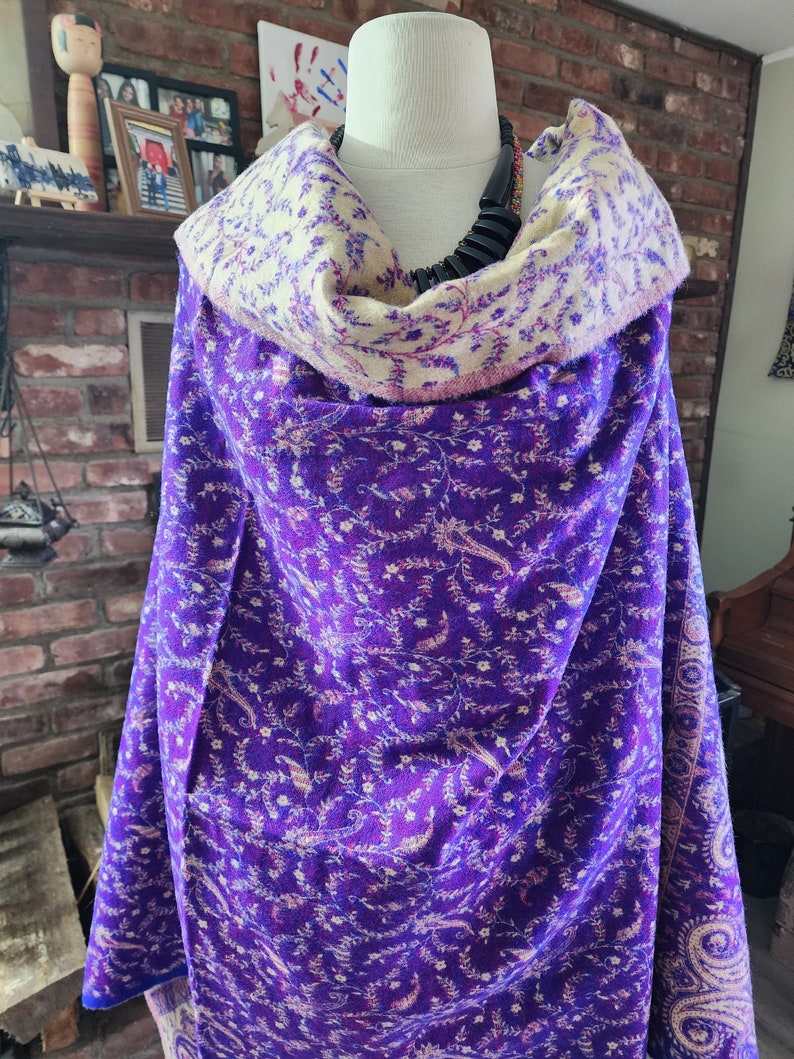 Yak Wool Shawl, Chunky Scarf, Throw Blanket, Paisley & Floral prints reversible handloom Soft Wool Shawl, Soft oversized outfit. image 2