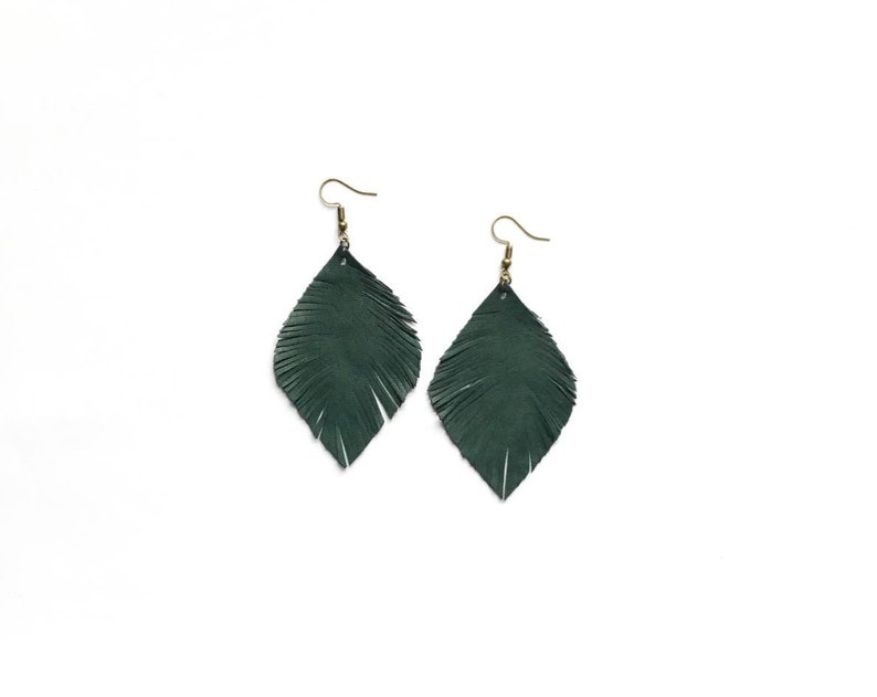 The Cardinal Feather Collection Green Feather Leather Earrings Dangle Earrings