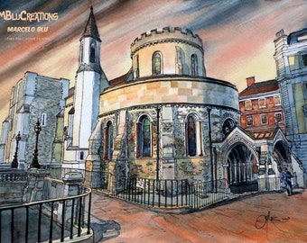 London historic building art print - Knights templar church - UK landmark - Watercolour painting - Giclee limited edition