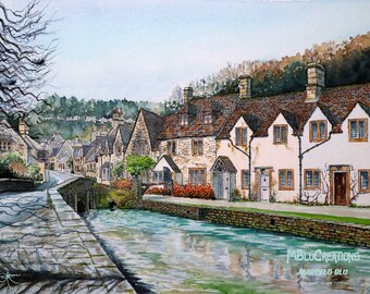Cotswolds old village art print - British countryside Castle Combe - UK landmark - Watercolour painting - Giclee limited edition