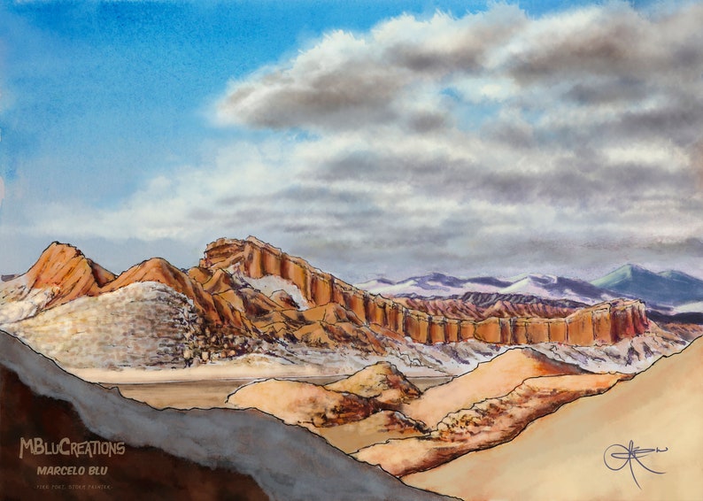 Amphitheatre Atacama desert art print Chile urban sketch Giclee limited edition Andes mountains Watercolour painting