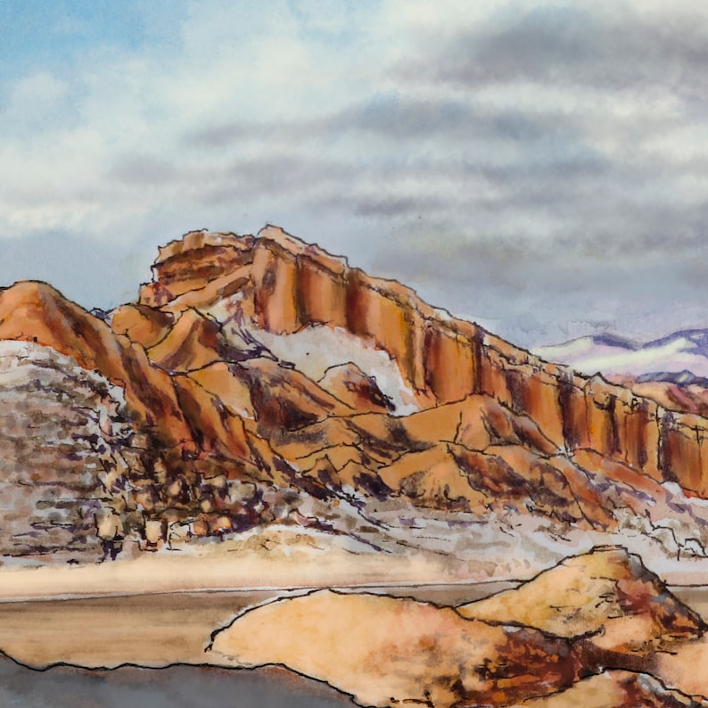 Amphitheatre Atacama desert art print Chile urban sketch Giclee limited edition Andes mountains Watercolour painting