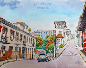 Valparaiso steep street art print - Chile urban sketch - Watercolour painting - Giclee limited edition