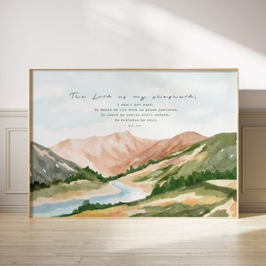 Psalm 23 The Lord is my shepherd watercolor design, Christian wall art, gift for christians, LANDSCAPE WITH SCRIPTURES